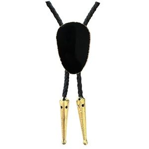 Black Onyx Gold Trim Bolo Tie with Black Braided Vegan Leather Cord